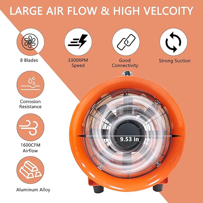 FICBXRA Utility Blower Fan 10 Inch Portable Axial Exhaust Fan 350W/2.6A 1600CFM High Velocity Ventilator with 16FT Duct Hose for Exhausting & Ventilating at Home and Job Site