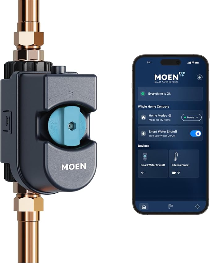 Moen Flo Smart Water Monitor and Automatic Shutoff Sensor, Wi-Fi Connected Water Leak Detector for 1-Inch Diameter Pipe, 900-006