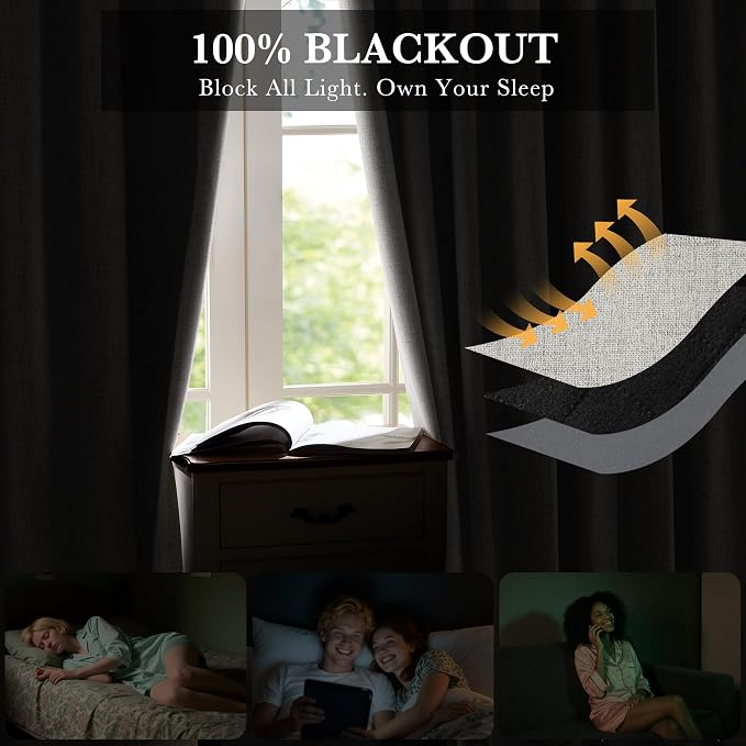 RYB HOME Cream 100% Blackout Curtains 63 inch Long, Light Blacking & Thermal - Image 3