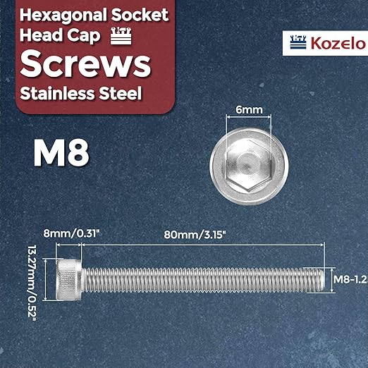 Kozelo 4pcs Socket Head Cap Screws - [M8-1.25 x 80mm] 304 Stainless Steel Allen Socket Drive for Electrical Motor 3D Printing Fan Engine Replacement Use, Silver