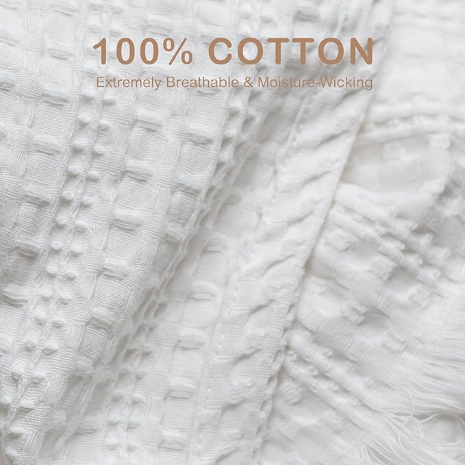100% Cotton Waffle Blanket with Fringe, Pre-Washed Waffle Weave Blanket for All Season, Lightweight Breathable Soft Cozy Throw Blanket for Couch, Bed, Travel (White - 50x60 Inches)