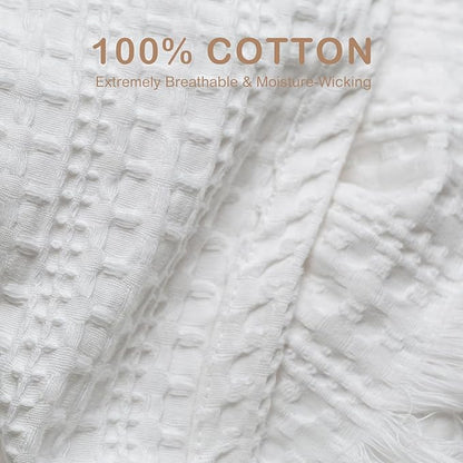 100% Cotton Waffle Blanket with Fringe, Pre-Washed Waffle Weave Blanket for All Season, Lightweight Breathable Soft Cozy Throw Blanket for Couch, Bed, Travel (White - 50x60 Inches)