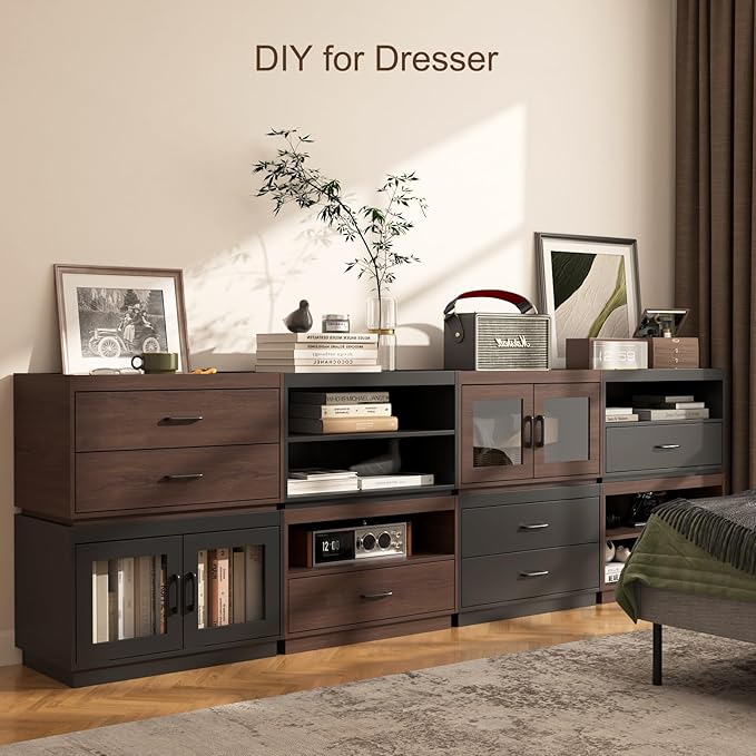 Stackable Storage Drawers,28" Wide Storage Bins w/ Drawers and Compartment for Closet Organizers, Wood Stackable Closet Organizer Modern Large Stackable Storages Units for Living Room Hallway, Brown