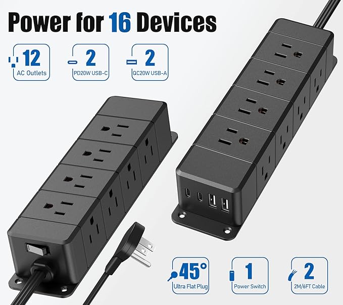 40W Fast Charging Under Desk Power Strip,12 Outlet Mountable Power Strip with 4 USB,1200J Surge Protection,10FT Flat Extension Cord Black