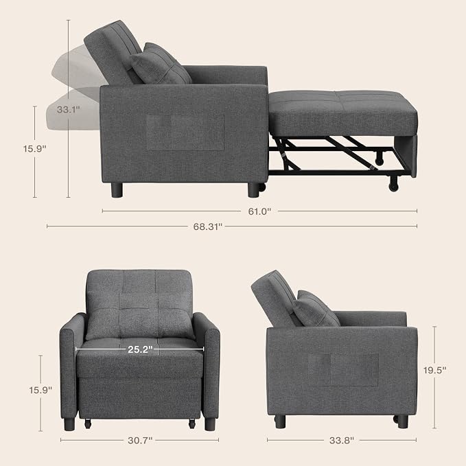 Aiho 3-in-1 Sleeper Chair Bed Convertible Sofa, Dark Gray | Convertible Chair - Image 3