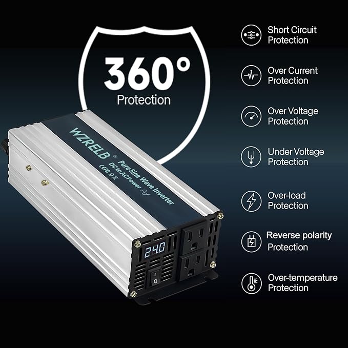 WZRELB 1000W Pure Sine Wave Inverter 24V DC to 110V 120V AC Power Converter with LED Display, Off-Grid Portable Power Inverter with 2 AC Outlets for Home, RV, Truck, Camping