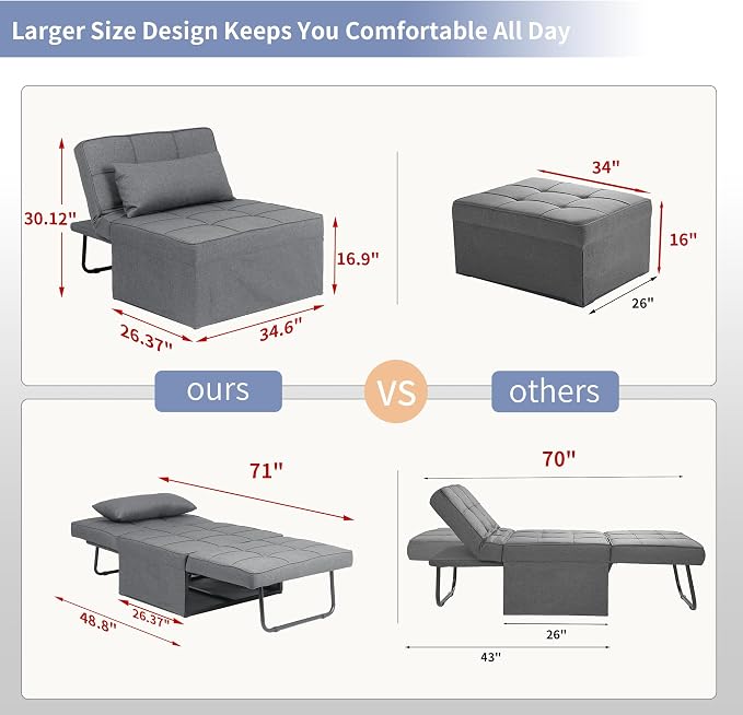 Sofa Bed, Convertible Chair 4 in 1 Multi-Function Modern Folding Ottoman Guest - Image 2