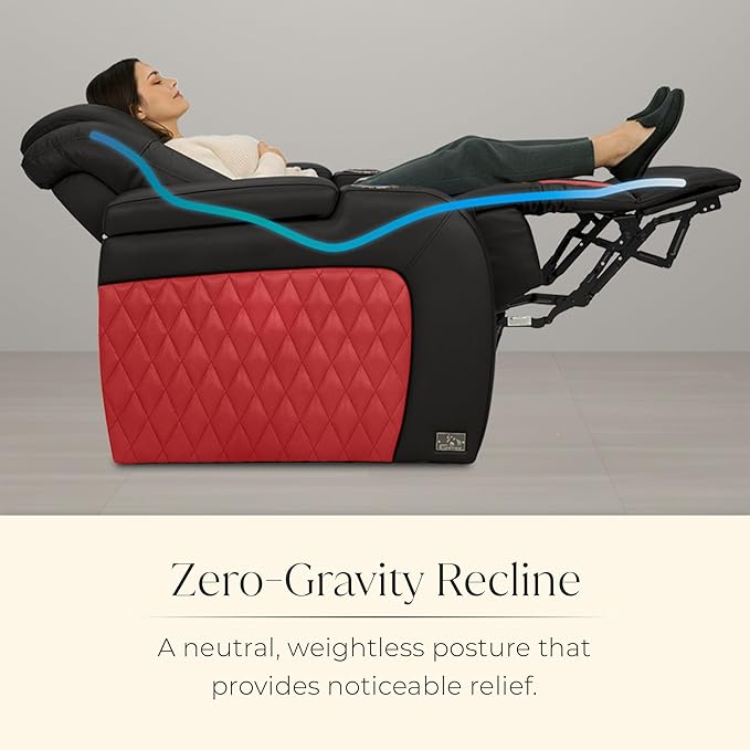 Seatcraft Diamante Zero-Gravity CoolZero Italian Leather Home Theater Seating, Power Headrest, Power Recline, Row of 4 Right Loveseat, Black/Red