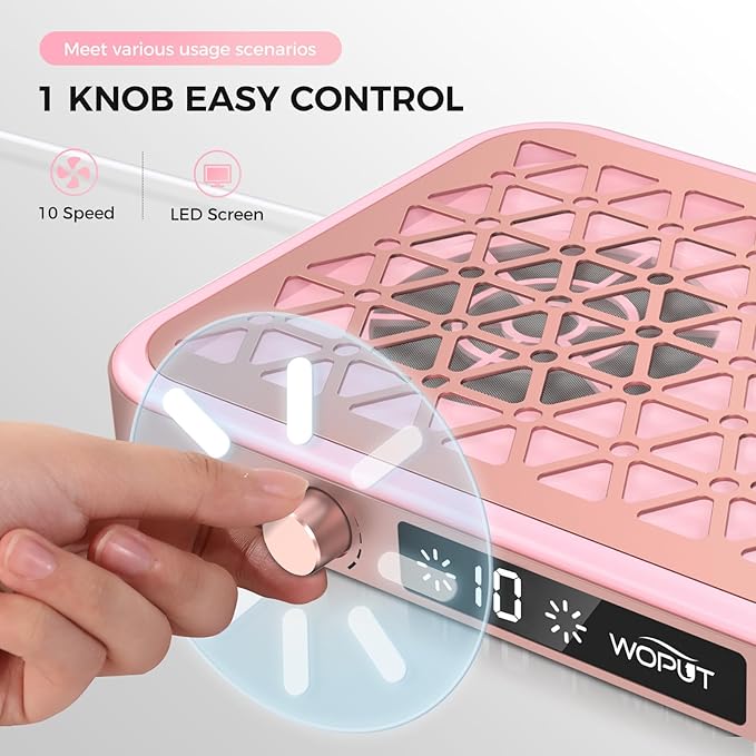 Woput Nail Dust Collector, 1600PA Professional Nail Vacuum Dust Collector Fan with Filter Papers (30 Pcs) for Acrylic Nail Polishing & Manicure at Nail Salon & Home - Pink
