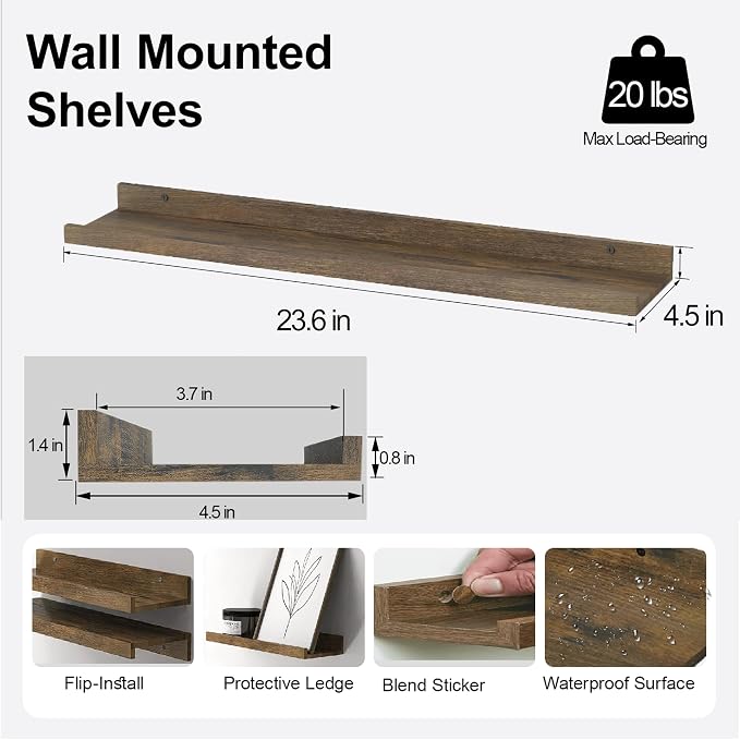 Brown Floating Shelves for Wall Decor, 24 in Shelf - Image 3