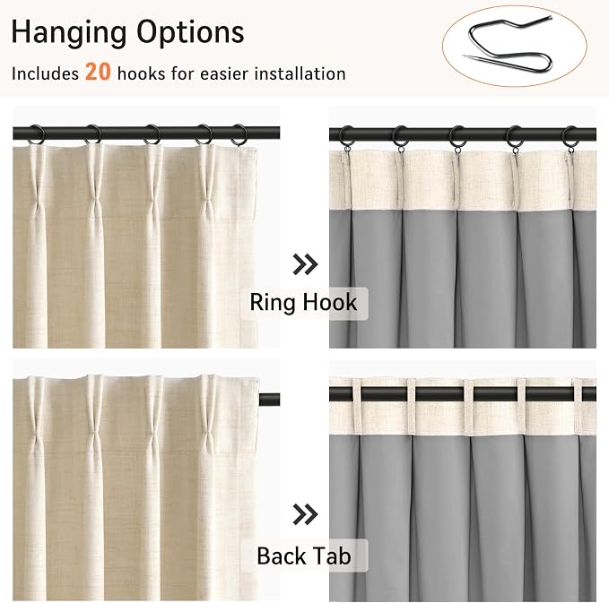 Pinch Pleated Full Blackout Faux Linen Curtains 102 Inches Long | Cream - Image 3