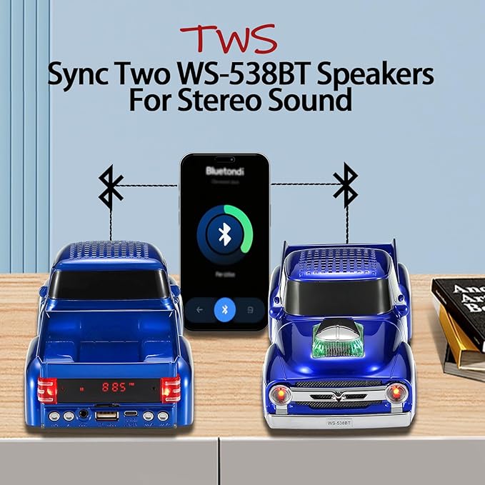 WSTER WS-538 Retro Pickup Truck Bluetooth Replica Speaker – Portable Wireless Car Model Speaker with FM, TWS, LED Party Lights, USB/TF Playback, Built-in Microphone, Type-C, Surprise Gift(Blue)