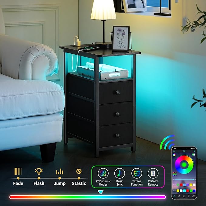 Yoobure End Table with Charging Station, LED Narrow Side Table Bedside Table - Image 4