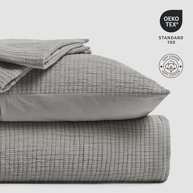 EVERGRACEHOME Cotton Gauze Matelassé Coverlet, King Size, Fog Gray | Ultra Soft - Image 8
