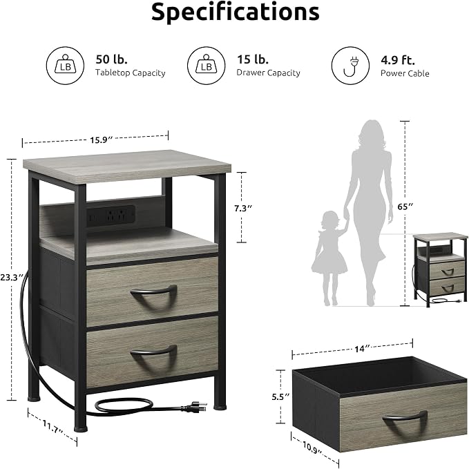 Lazzanto Night Stand with Charger Station, 2 Fabric Drawers, Bedside Table - Image 3