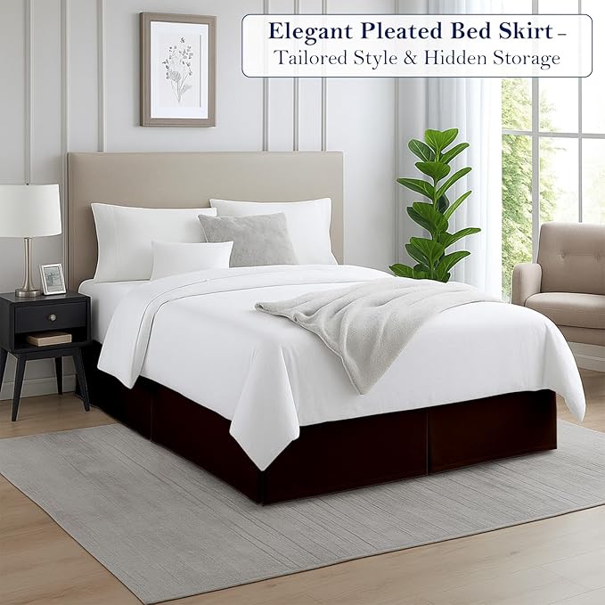 Twin Bed Skirt, Luxury 16 Inch Drop Chocolate Pleated Bed Skirt, Double Brushed Microfiber, Box Pleat Design, Wrinkle & Fade Resistant, Easy Fit Tailored Bedskirt for Twin Size Beds