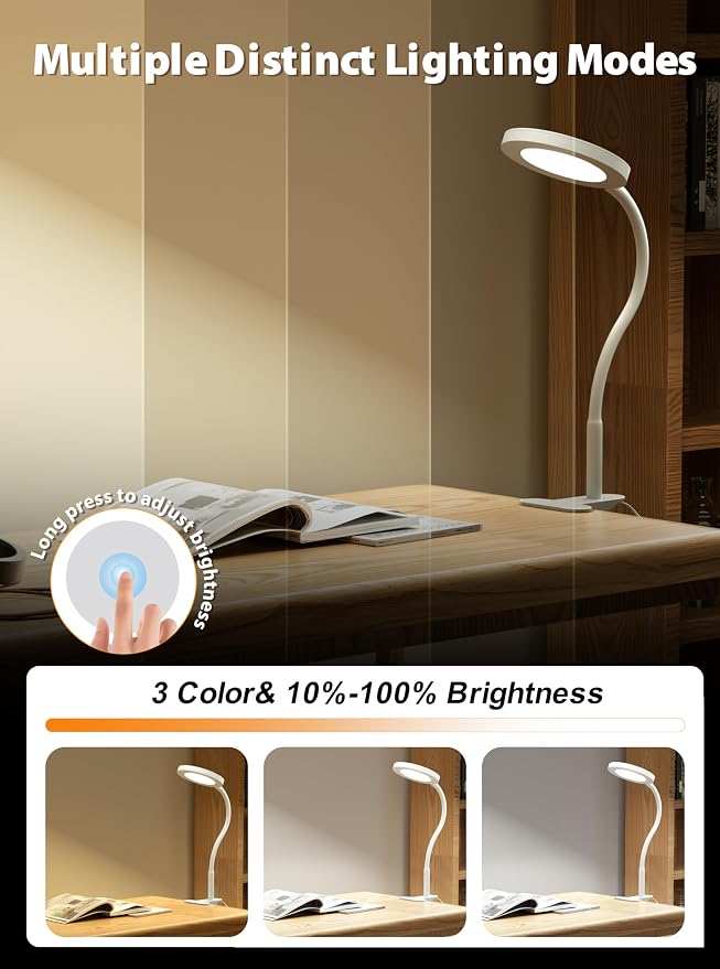 White Clip On Reading Light, 450LM Book Light, 3 Modes Stepless Dim | CRI95 - Image 5