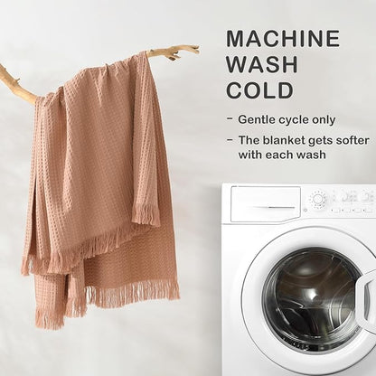 100% Cotton Waffle Blanket with Fringe, Pre-Washed Waffle Weave Blanket for All Season, Lightweight Breathable Soft Cozy Throw Blanket for Couch, Bed, Travel (Dusty Pink - 50x60 Inches)