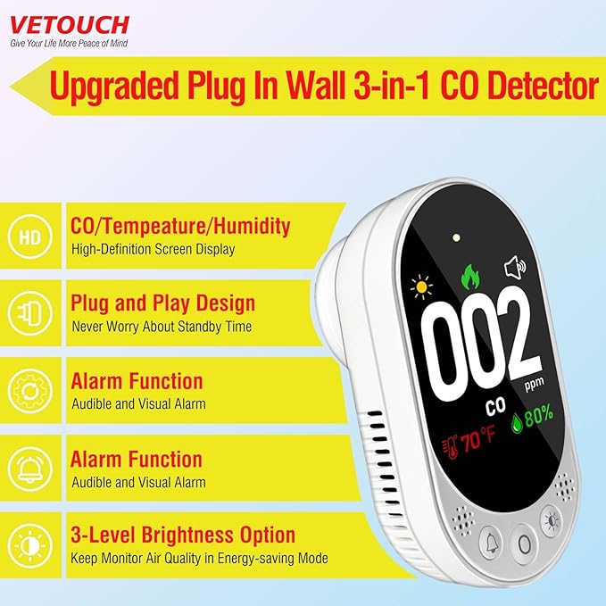 VETOUCH Plug-in Carbon Monoxide Detector with Digital Color Display CO Detector for CO, Temperature & Humidity, 85dB Loud Alert, Self Test Function vetouch CO Detector, for Home, Bedroom, Kitchen, RV