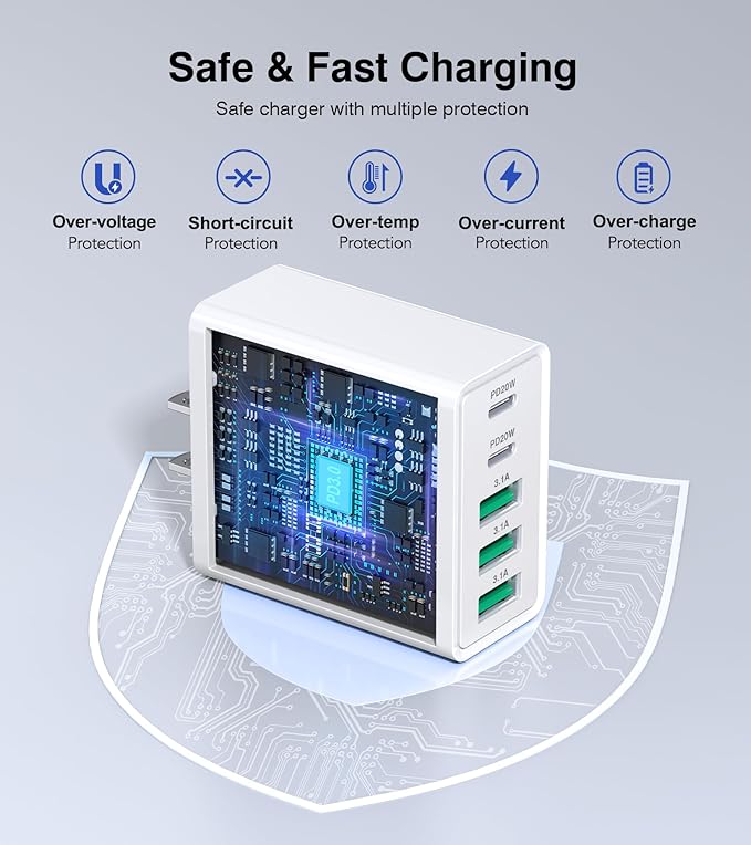 [2-Pack] USB C Wall Charger, 60W USB C Charger Block 5-Port PD Fast Charging Blocks + QC Power Adapter Brick Cube Multiport USB A Plug,Type C Cube for iPhone 17/16/15/14/13/12/Pro,Samsung,for Switch