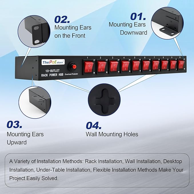 ThePoEstore 10-Outlet 1U Rack Mount Power Strip - Surge Protector, Features 10 Front Switches with LED Light - Ideal, w/ 6 ft Cord for Network Server Racks and Cabinets