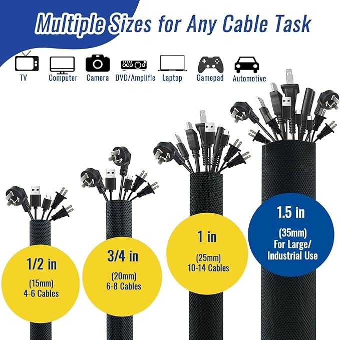 Flauzmann 1.5" - 6.6FT Chew Proof Cord Protector from Pets, Black Heavy Duty Dog & Cat Cable Sleeve Cover - Flexible Split Sleeve for Home, Office, Automotive Wires