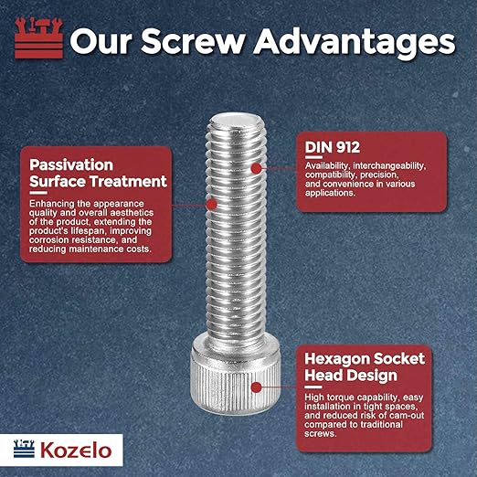 Kozelo 4pcs Socket Head Cap Screws - [M12-1.75 x 45mm] 304 Stainless Steel Allen Socket Drive for Electrical Motor 3D Printing Fan Engine Replacement Use, Silver