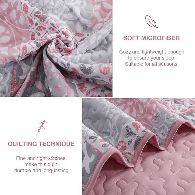 Pink Grey Quilt Set Queen Size, Boho Plaid Patchwork Bedspread Coverlet Set | - Image 4