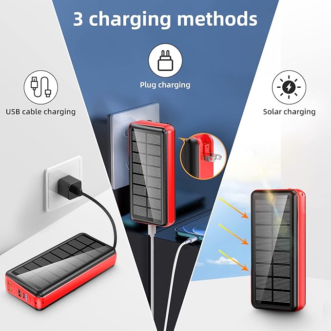 boogostore Portable Charger with Built in Cable and Wall Plug 50000mAh 22.5W Fast Charging Solar Power Bank with 5 Output & 2 Input Dual LED Flashlights Phone Holder External Battery Pack (Red)