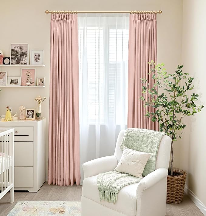 Pinch Pleated Full Blackout Faux Linen Curtains 90 Inches Long | Blush Pink - Image 5