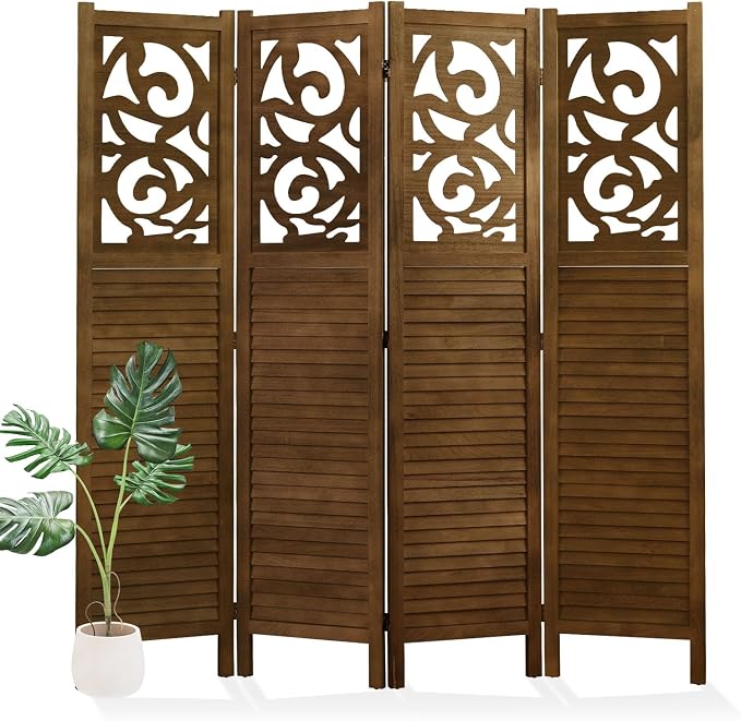 Svimi Folding Room Divider, 5.6Ft 4 Panels Wood Carved Privacy Screens by Svimi