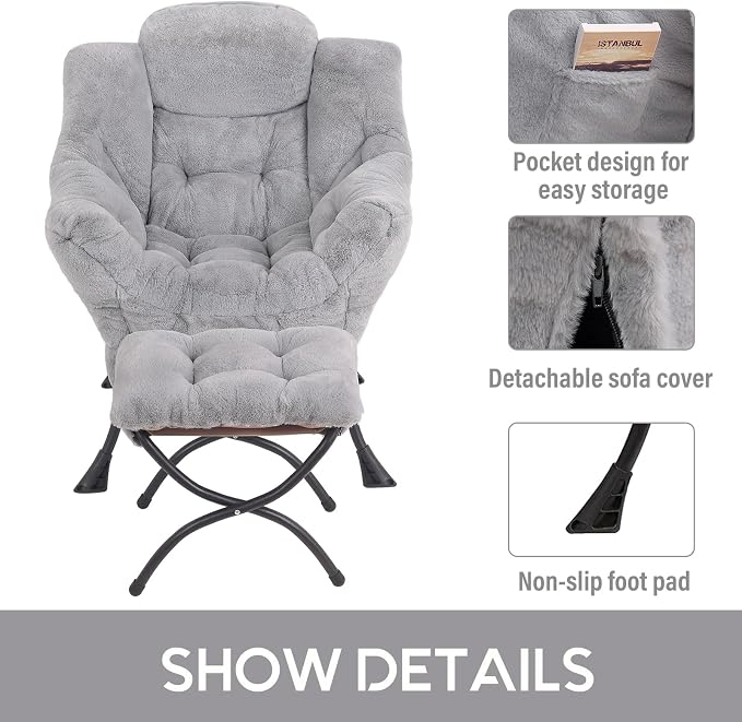 Lazy Chair with Ottoman, Comfy Accent Reading Chair, Plush Grey | Foldable - Image 6