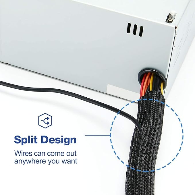 QCSIW 3/4" 25ft Expandable Braided Cable Sleeve Split Wire Loom Tubing – Pet-Proof Cord Protector for USB, Power Cords, Audio/Video Cables – Durable Wire Management Sleeving Black