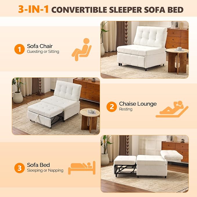 VINGLI Convertible Sofa Bed Tufted Teddy Fleece Sleeper Chair Bed Couch Armless - Image 4