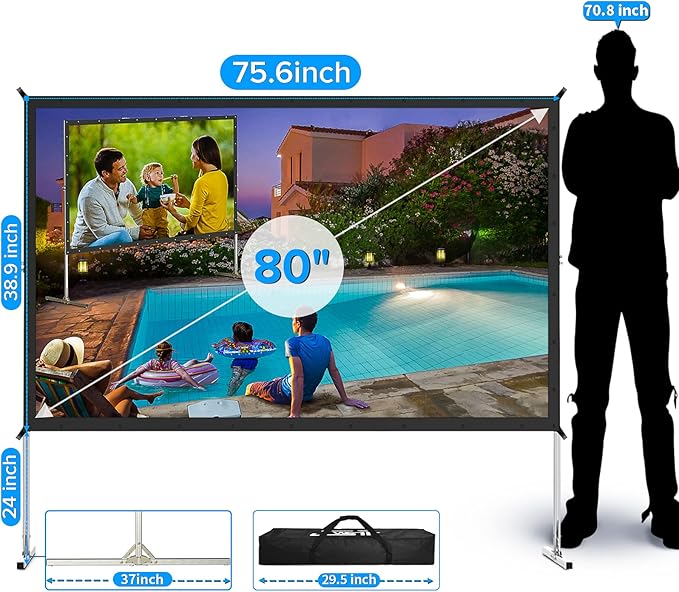 JWSIT Projector Screen and Stand, 80 inch Outdoor Movie Screen-Upgraded 3 Layers PVC 16:9 Outdoor Projector Screen,Portable Video Projection Screen with Carrying Bag for Home Theater Backyard