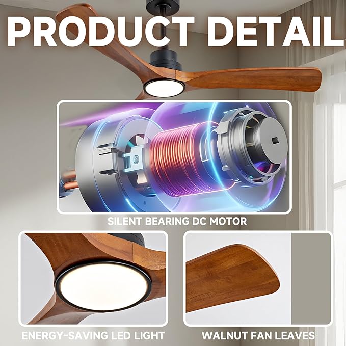 Gaizw Ceiling Fans with Lights, 60 Inch Ceiling Fan with Remote Control, 3 Blades Walnut Fan Reversible Quiet DC Motor 6 Speeds Timing Indoor Outdoor Farmhouse Ceiling Fans for Bedroom Living Room