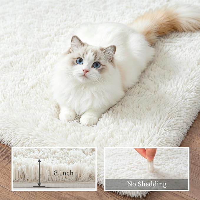 Area Rug Living Room Bedroom: 5x7 Fluffy Plush Shag Carpet Ivory | - Image 5