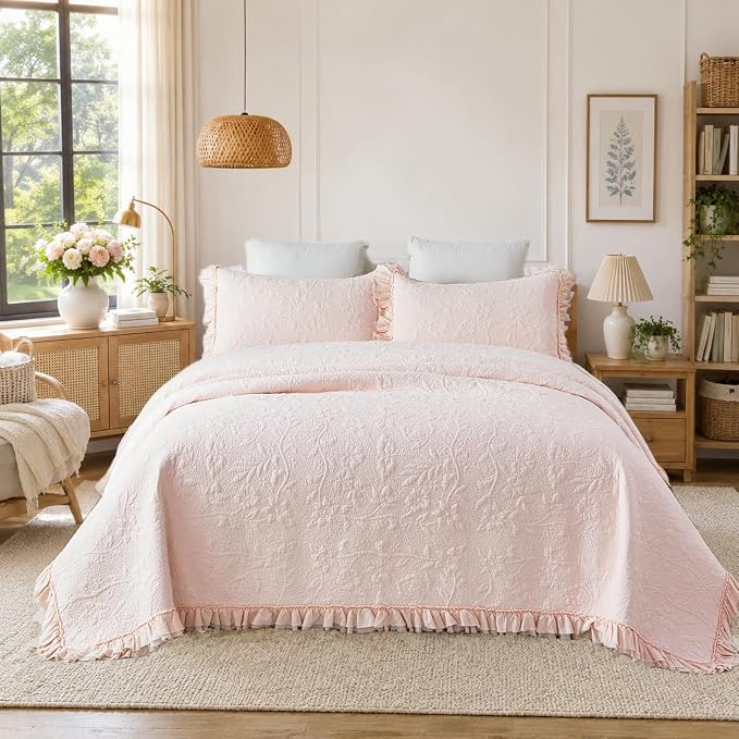 Brandream Queen Size Quilt Set Cotton Light Pink Quilts Shabby Chic Bedding - Image 7