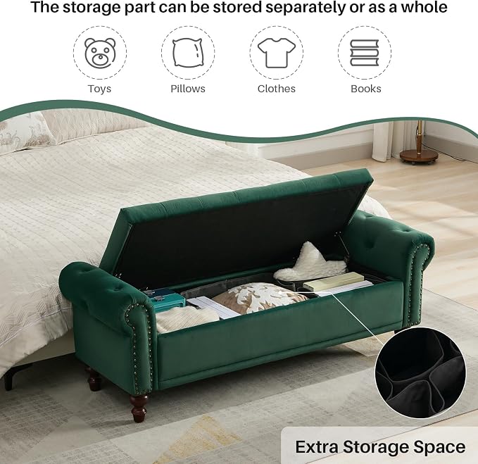 SOFTHION 58.1" Storage Bench for Bedroom, Velvet Upholstered, Dark Green | End - Image 3