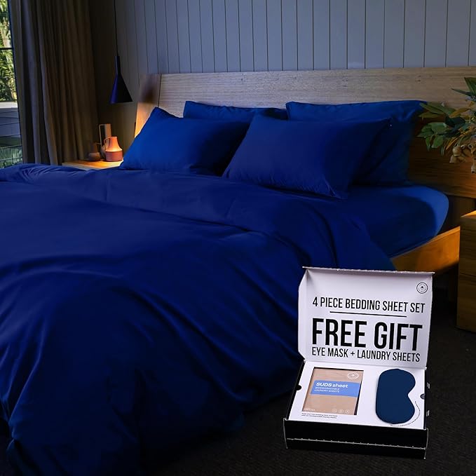 THE LAD COLLECTIVE 3.0 King Bedding Set - King Bedding Sets - 4-Piece Bedset w/Fitted Sheet, Top Sheet & 2 Standard Pillowcases [Duvet Not Included] - Bamboo-Cotton - Atlantic [Navy Blue]