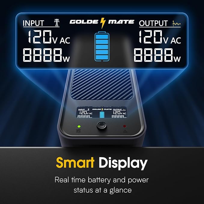 GOLDENMATE 1000VA/600W Lithium UPS Battery Backup and Surge Protector, Sinewave UPS System with LiFePO4 Battery(153.6 Wh), Updated Pro Ver. with USB Communication Port, 8 Outlets, LCD Display, Gray