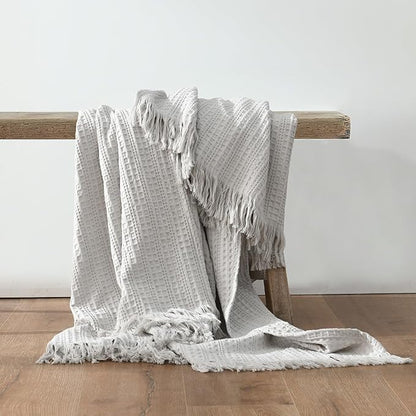 100% Cotton Waffle Blanket with Fringe, Pre-Washed Waffle Weave Blanket for All Season, Lightweight Breathable Soft Cozy Throw Blanket for Couch, Bed, Travel (Light Grey - 50x60 Inches)