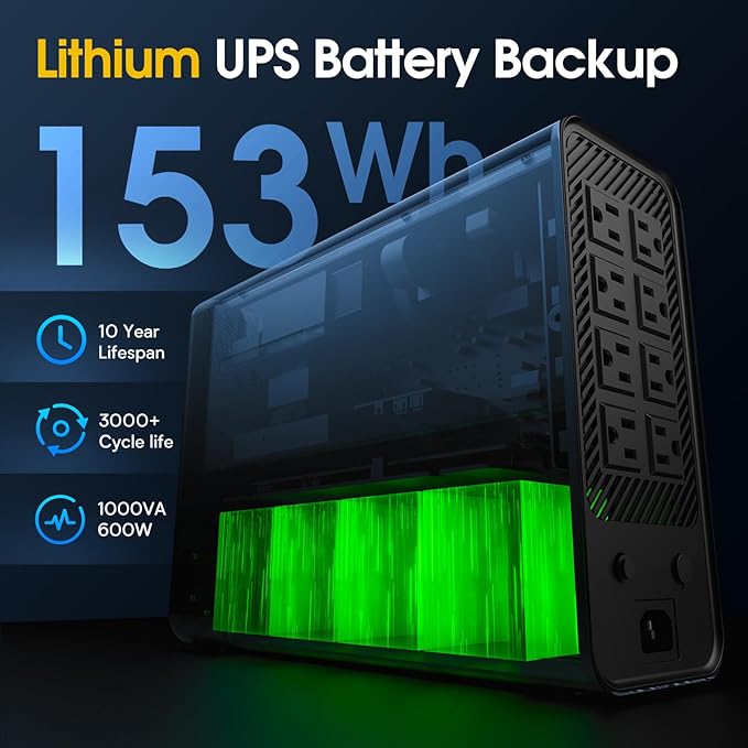 GOLDENMATE 1000VA/600W Lithium UPS Battery Backup and Surge Protector, Sinewave UPS System with LiFePO4 Battery(153.6 Wh), Updated Pro Ver. with USB Communication Port, 8 Outlets, LCD Display, Gray