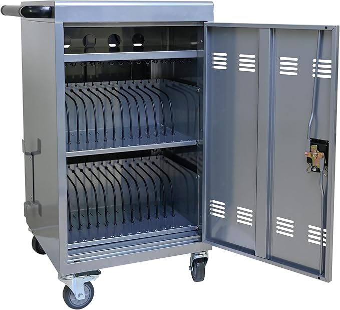 Aokleo Laptop Charging Cart,32 Devices Tablet Storage Carts for Pad Up to 16.3" Screen Size, Classroom Computer Mobile Charging Station for Pads,Chromebooks,Laptops,Security Storage (30+2 Bay-Silver)