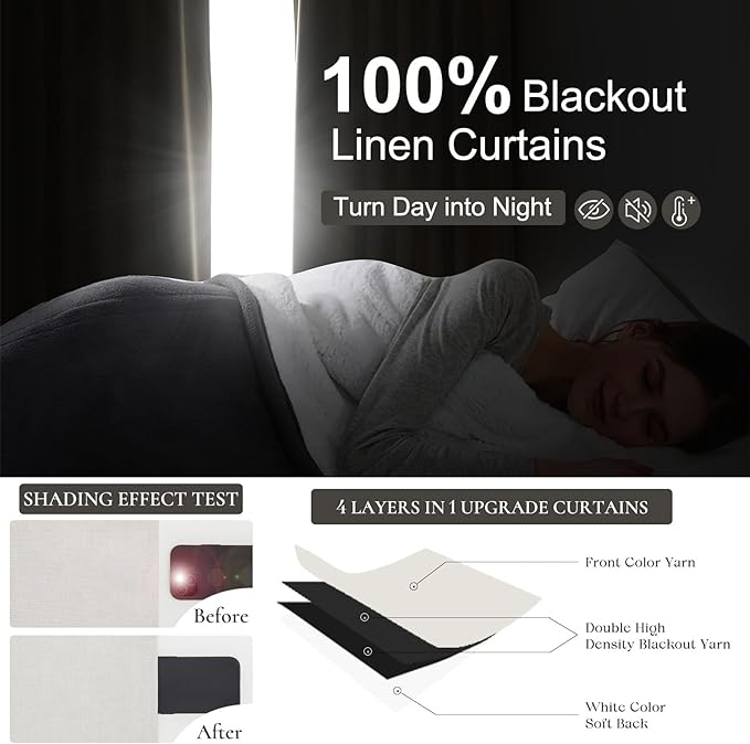 QJmydeco 80 Inch Long Linen Blackout Curtains, 2 Panels Set - Image 2