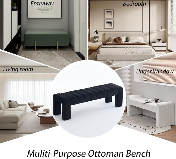59" Velvet Black Bench for Bedroom King Size Bed Window End of Bed | Long - Image 8