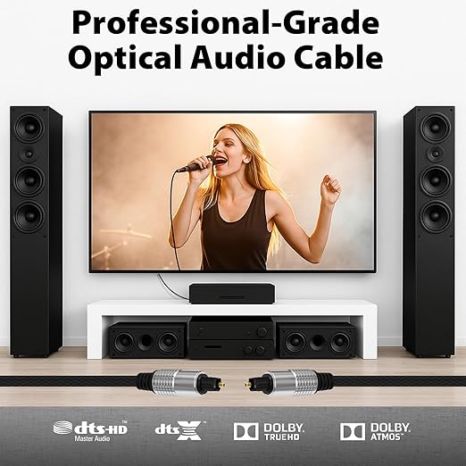 Cyberguys! Optical Audio Cable, Digital Optical Cable with Toslink Connectors, Braided Digital Audio Cables for Soundbar, TV, Receiver, Speaker, Xbox, PS5, Blu-Ray – Gold-Plated, 15ft