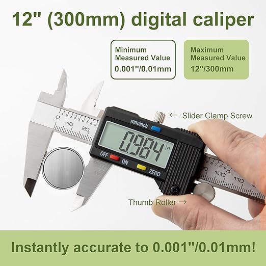 SCITOOLS Digital Caliper 0-12" Measuring Tool with Metal Ruler, Micrometer Caliper with Auto-Off Feature, Interchangeable Between inches and millimeters for DIY/Household and 3D Printing, Black