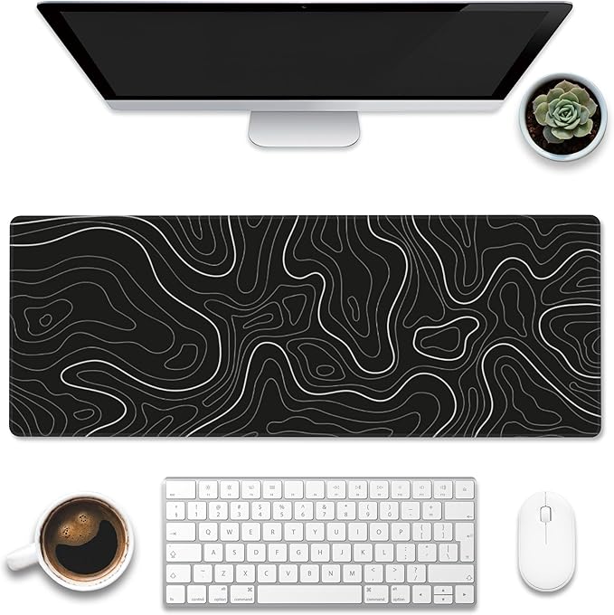 Eflxamz Desk Mat,Black Topographic Contour Map Desk Pad,Topographic Contour Large Gaming Mouse Pad for Desk,Extended Big Computer Keyboard Mouse Pad with Non-Slip Base and Stitched Edge,31.5"x11.8"