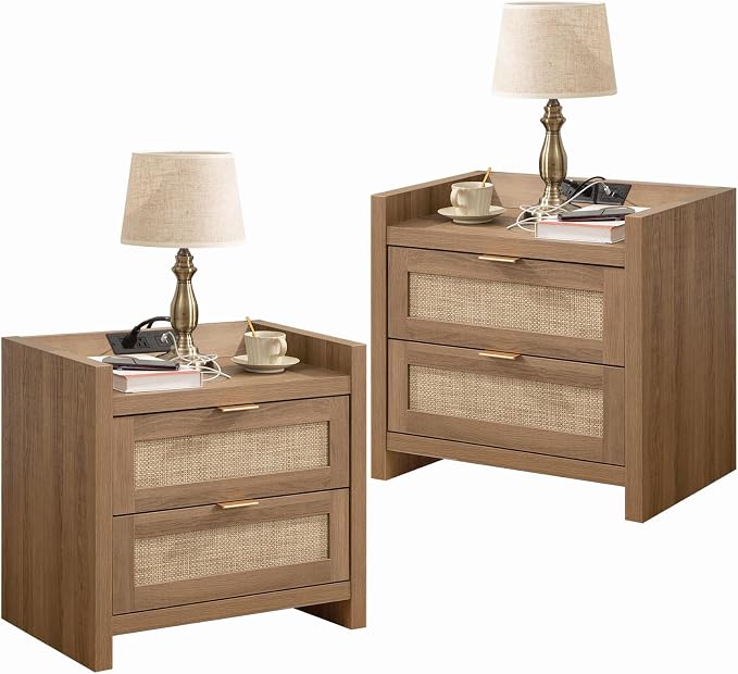 SICOTAS Rattan Nightstand Set of 2, Bedside Table by SICOTAS